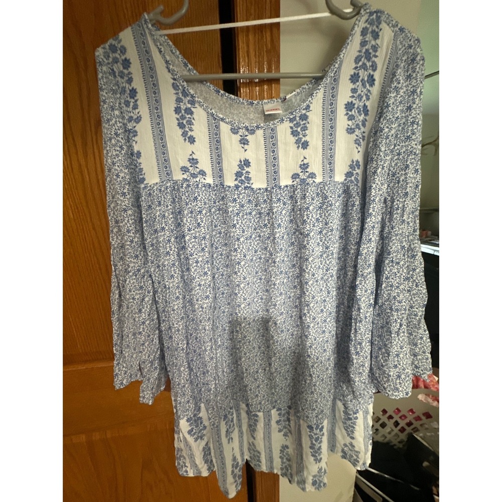 Bongo Womens Blue White Floral Tunic Top Bell Sleeve Boho Cottagecore Coastal